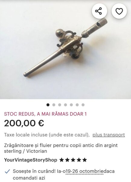 Fluier victorian din argint pentru copii